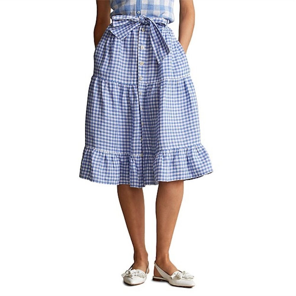 NWT New $198 Polo Ralph Lauren Gingham Linen Tiered Midi Blue White Skirt Size 8